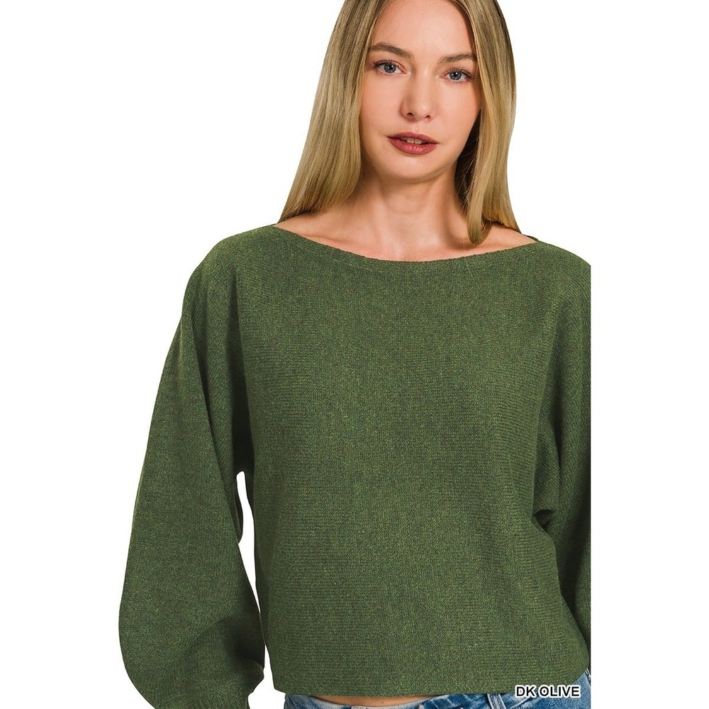 Zenana Boat Neck Balloon Sleeve Sweater - Dk Olive - Small - Picture 4 of 9